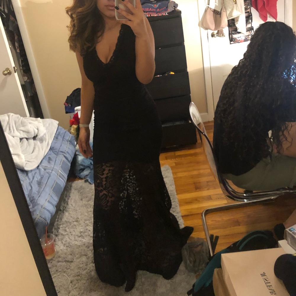 lace prom dress with a semi-transparent bottom